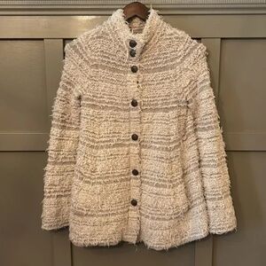 Free People Shaggy Knit Sweater Coat Ivory Gray Stripe Button Front Size XS